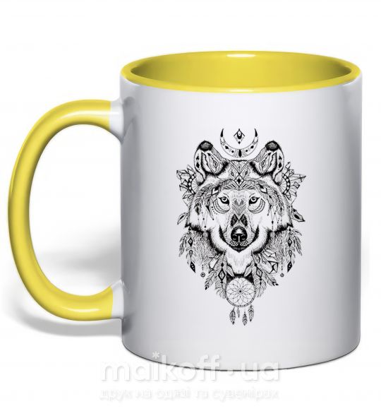Чашка с цветной ручкой Рисунок волка Солнечно желтый фото