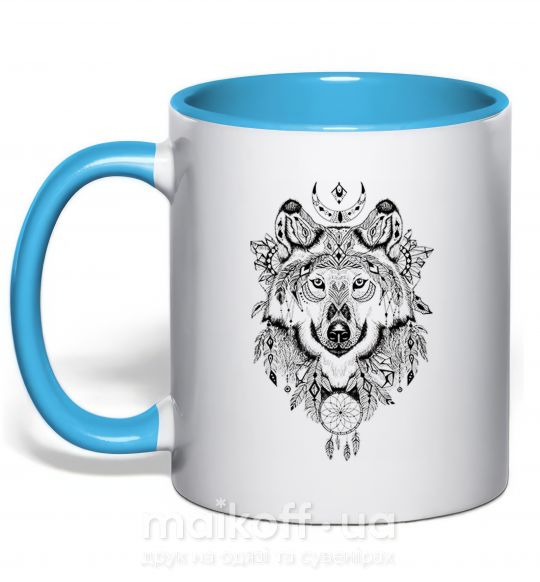 Чашка с цветной ручкой Рисунок волка Голубой фото