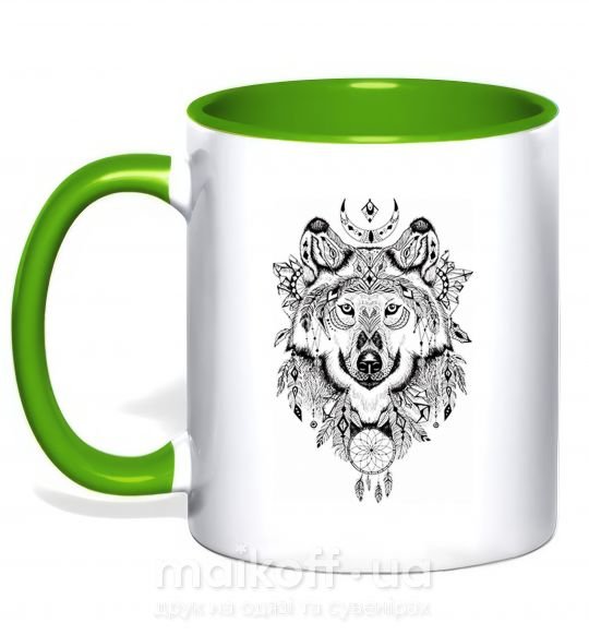 Чашка с цветной ручкой Рисунок волка Зеленый фото