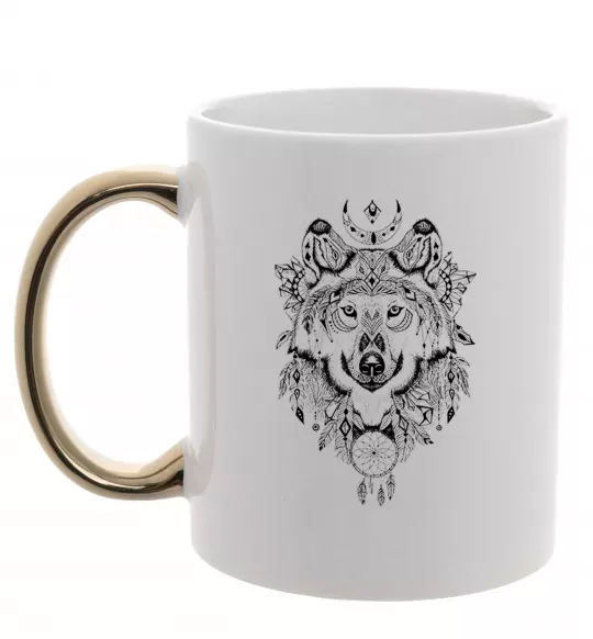 Чашка з кольоровою ручкою Малюнок вовка Золото фото