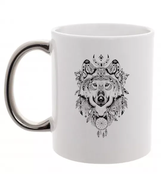 Чашка з кольоровою ручкою Малюнок вовка Срібло фото