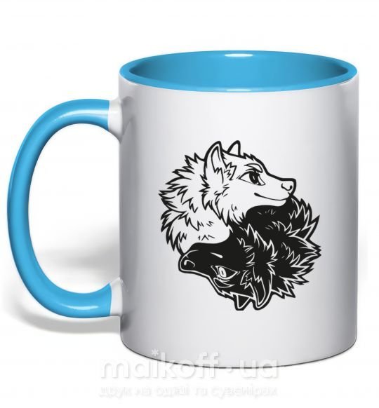 Чашка с цветной ручкой Two wolfes Голубой фото