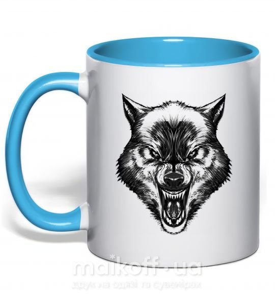 Чашка з кольоровою ручкою Screaming wolf Блакитний фото