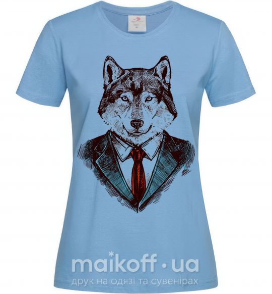 Женская футболка Волк в галстуке Голубой фото
