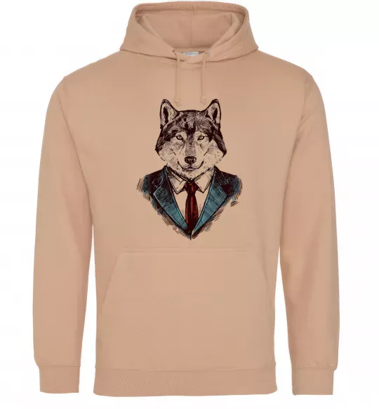 Чоловіча толстовка (худі) Вовк в краватці Пісочний фото