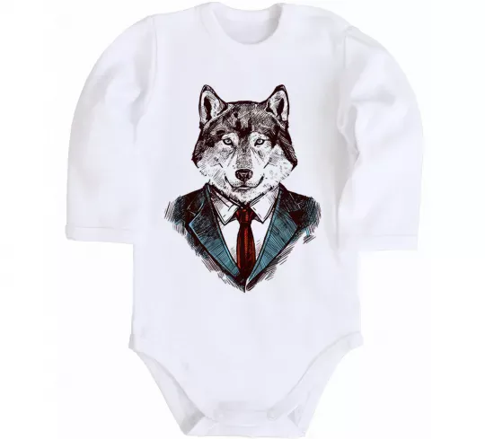 Дитячий бодік Вовк в краватці Білий фото
