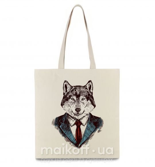 Эко-сумка Волк в галстуке Бежевый фото