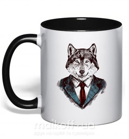Чашка с цветной ручкой Волк в галстуке Черный фото