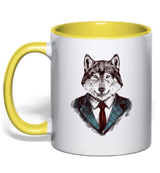 Чашка з кольоровою ручкою Вовк в краватці Лимонний фото