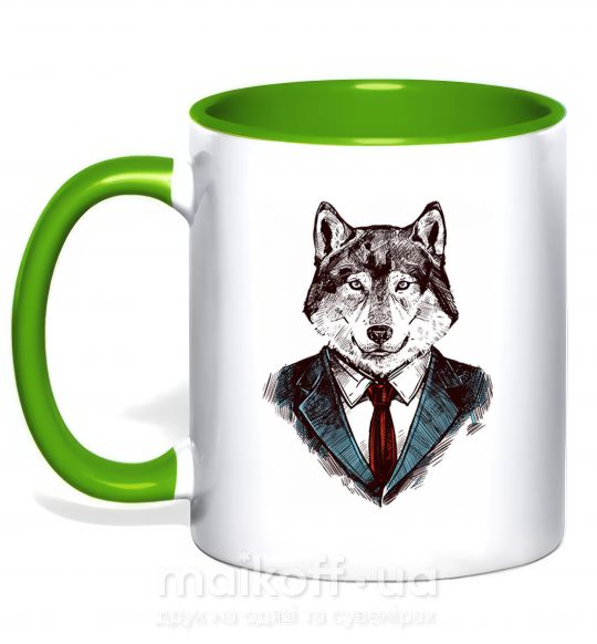 Чашка с цветной ручкой Волк в галстуке Зеленый фото