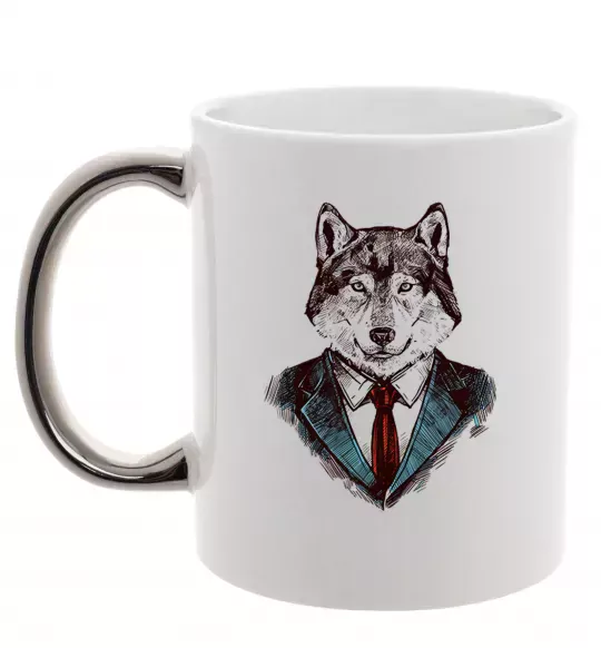 Чашка с цветной ручкой Вовк в краватці Серебро фото
