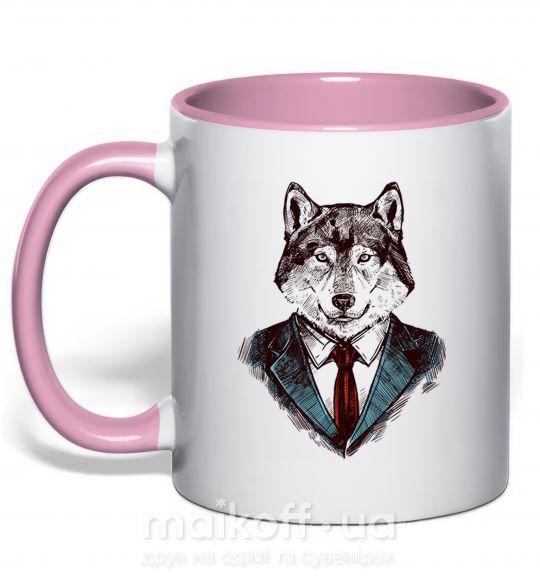 Чашка с цветной ручкой Волк в галстуке Нежно розовый фото