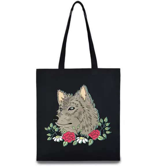 Еко-сумка Вовк в квітах Чорний фото