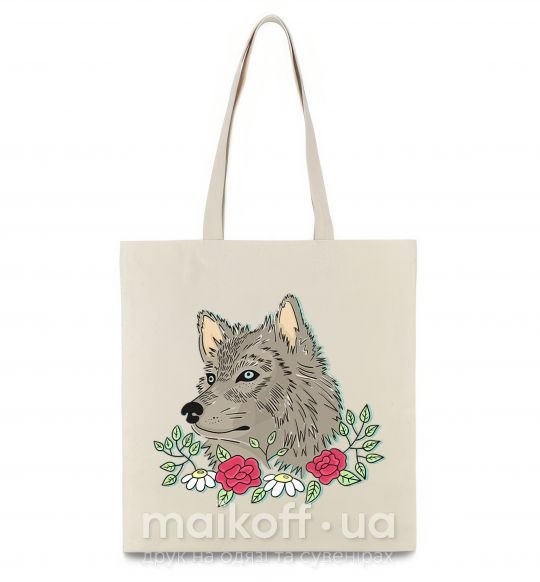 Еко-сумка Волк в цветах Бежевий фото