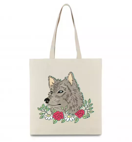 Еко-сумка Вовк в квітах Бежевий фото