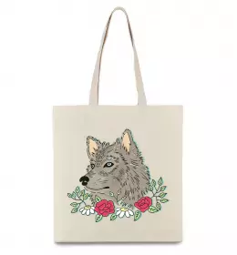 Еко-сумка Вовк в квітах Бежевий фото