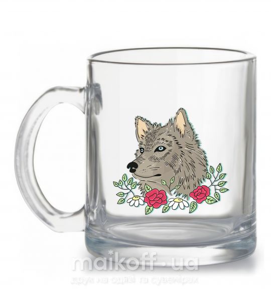 Чашка стеклянная Волк в цветах Прозрачный фото