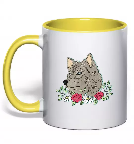 Чашка с цветной ручкой Вовк в квітах Солнечно желтый фото