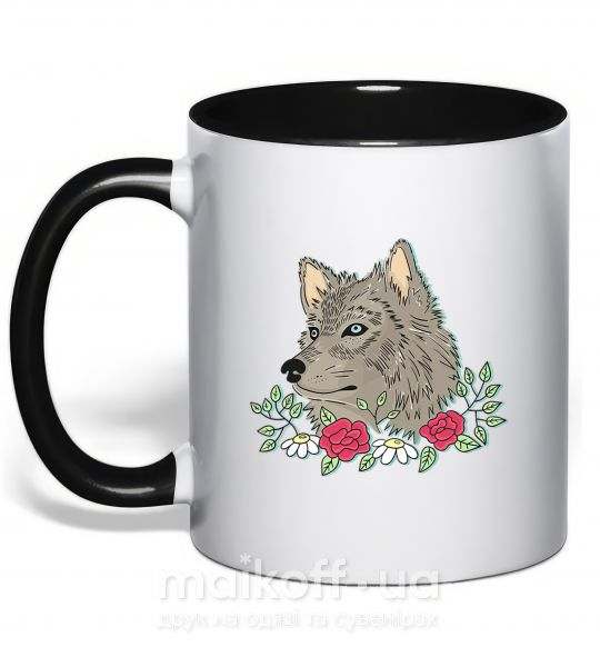 Чашка з кольоровою ручкою Волк в цветах Чорний фото