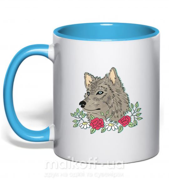 Чашка з кольоровою ручкою Волк в цветах Блакитний фото