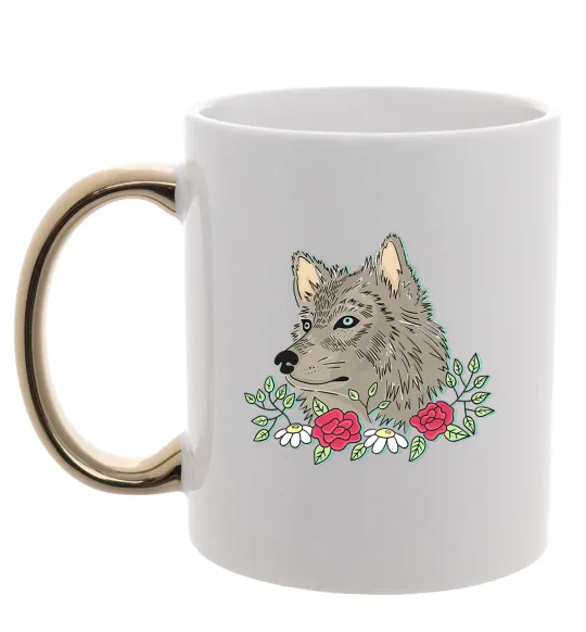 Чашка с цветной ручкой Вовк в квітах Золото фото