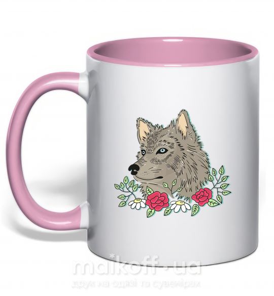 Чашка з кольоровою ручкою Волк в цветах Ніжно рожевий фото