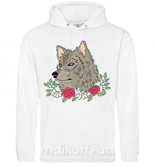 Чоловіча толстовка (худі) Волк в цветах Білий фото