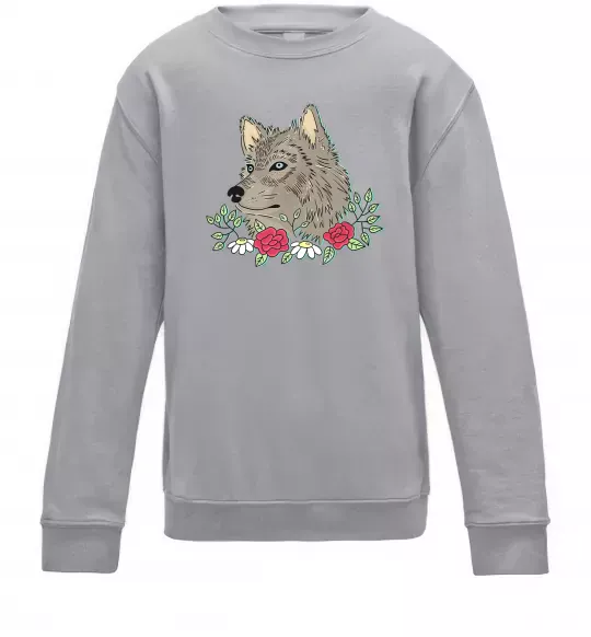 Детский Свитшот Вовк в квітах Серый меланж фото
