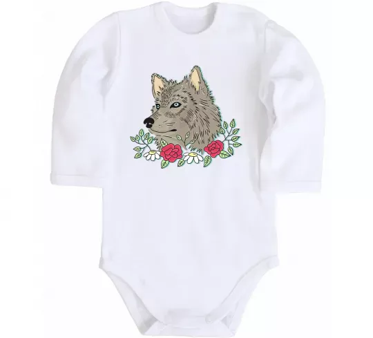 Дитячий бодік Вовк в квітах Білий фото