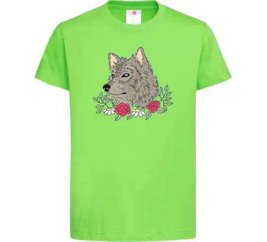 Детская футболка Вовк в квітах Лаймовый фото