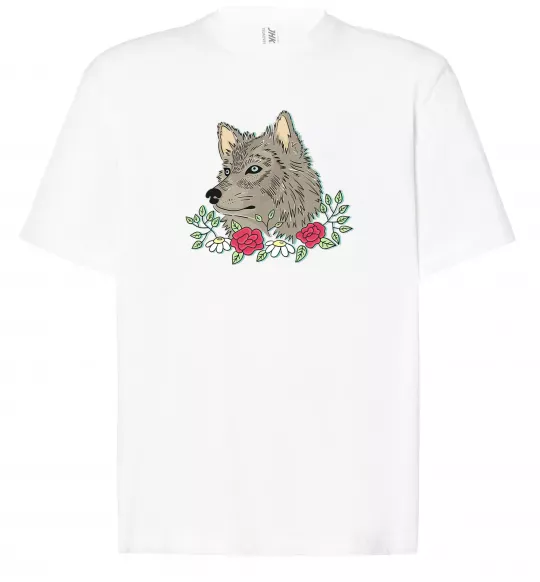 Футболка Оверсайз Вовк в квітах Білий фото