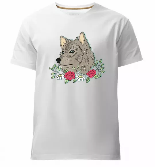 Мужская премиум футболка Вовк в квітах Белый фото