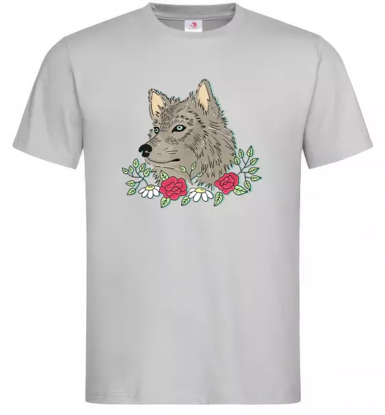 Мужская футболка Вовк в квітах Серый фото