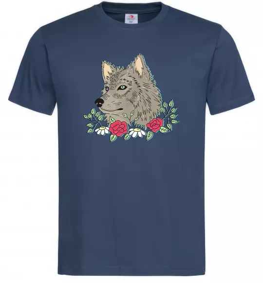Мужская футболка Вовк в квітах Темно-синий фото