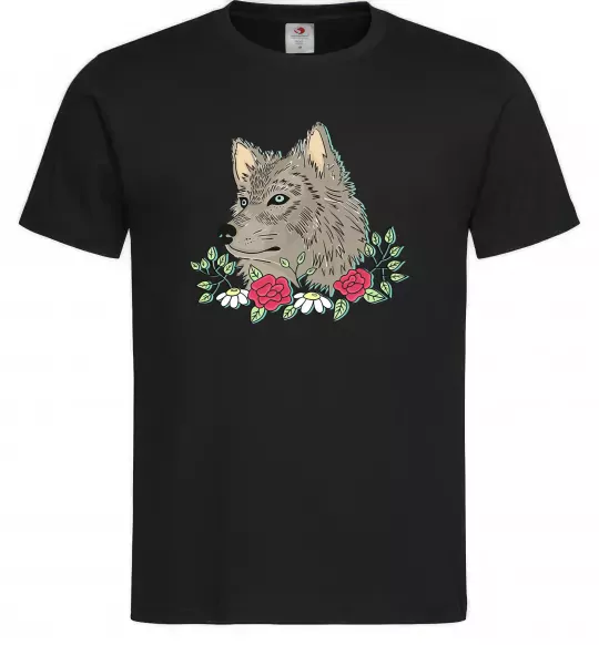 Мужская футболка Вовк в квітах Черный фото