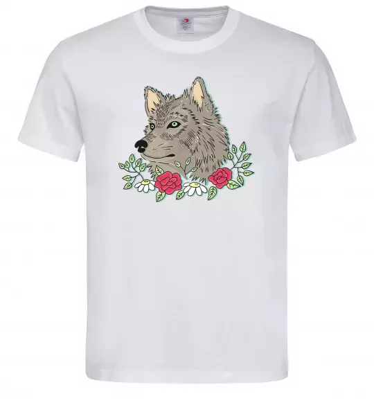 Мужская футболка Вовк в квітах Белый фото