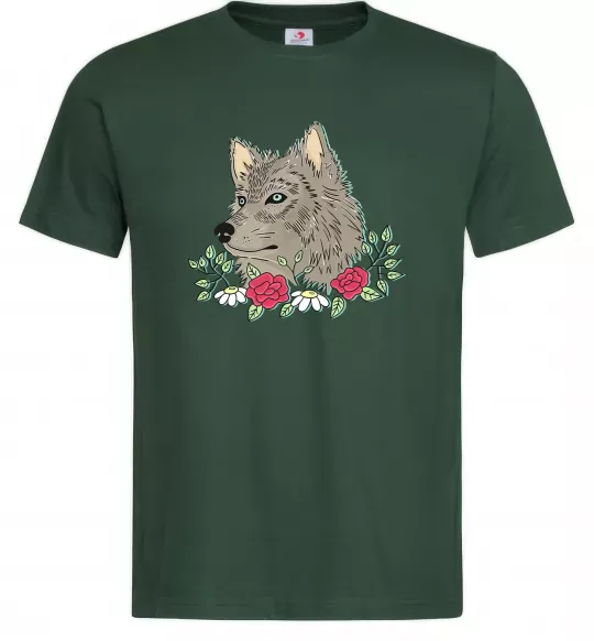 Мужская футболка Вовк в квітах Темно-зеленый фото