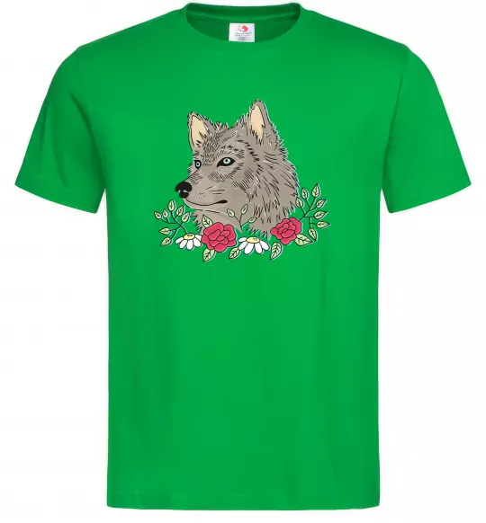 Мужская футболка Вовк в квітах Зеленый фото