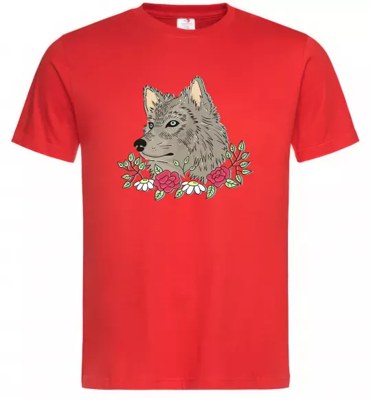 Мужская футболка Вовк в квітах Красный фото