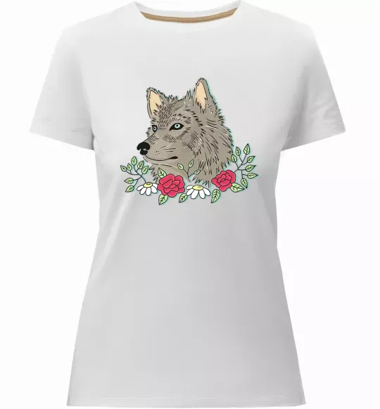 Женская премиум футболка Вовк в квітах Белый фото