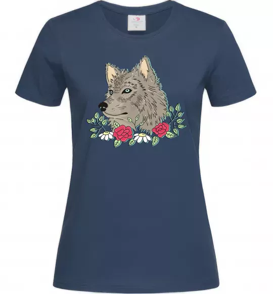 Жіноча футболка Вовк в квітах Темно-синій фото