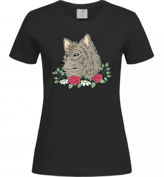 Жіноча футболка Вовк в квітах Чорний фото