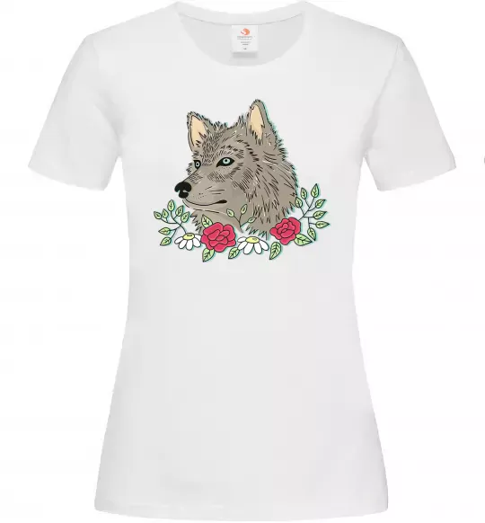 Жіноча футболка Вовк в квітах Білий фото