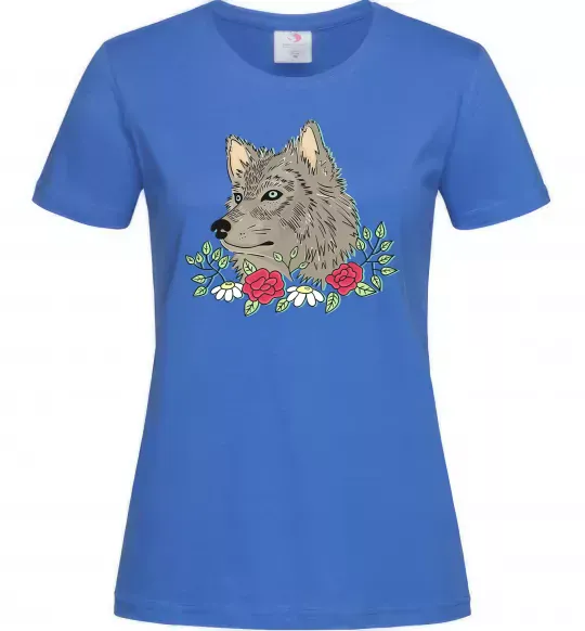 Жіноча футболка Вовк в квітах Яскраво-синій фото