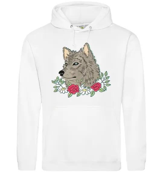 Мужская толстовка (худи) Вовк в квітах Белый фото