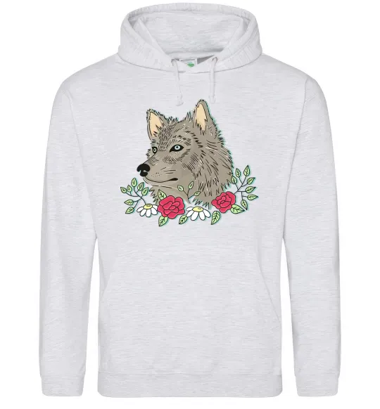 Мужская толстовка (худи) Вовк в квітах Серый меланж фото