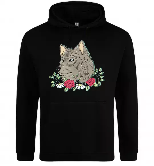 Женская толстовка (худи) Вовк в квітах Черный фото