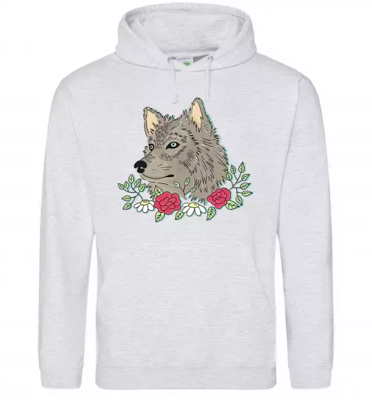 Женская толстовка (худи) Вовк в квітах Серый меланж фото