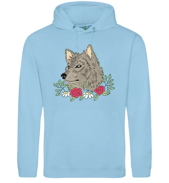 Жіноча толстовка (худі) Вовк в квітах Блакитний фото