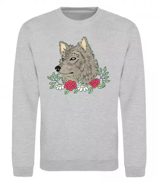 Свитшот Вовк в квітах Серый меланж фото